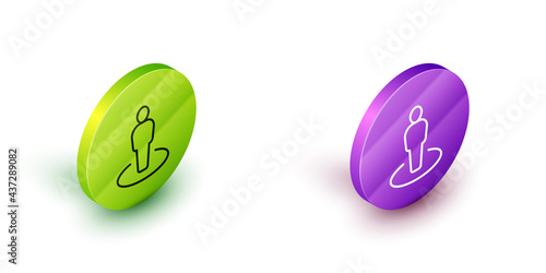 Isometric line Map marker with a silhouette of a person icon isolated on white background. GPS location symbol. Green and purple circle buttons. Vector