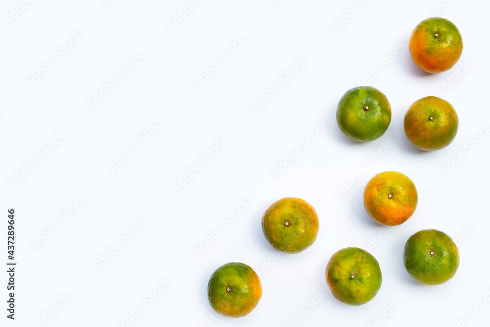 Obraz premium Green tangerines mandarines on white