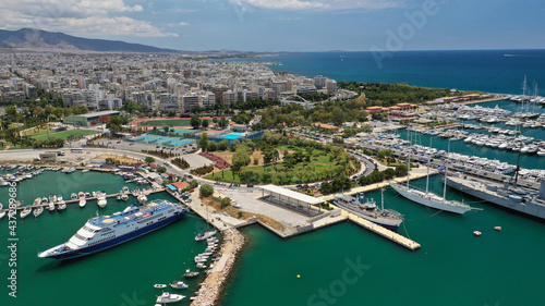 Aerial drone photo of luxury yachts and sail boats anchored in famous port and marina of Faliro or Phaleron in South Athens riviera, Attica, Greece