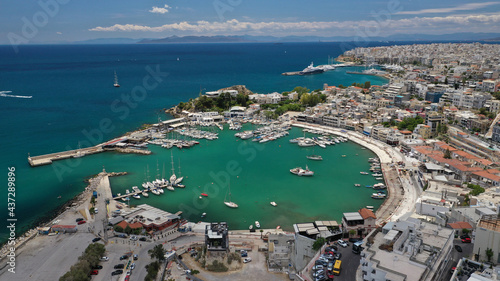 Aerial drone photo of beautiful round port of Mikrolimano or small port in the heart of Piraeus, Attica, Greece photo