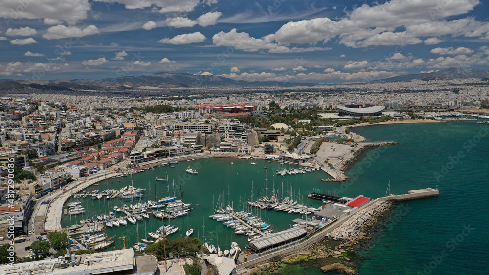 Aerial drone photo of beautiful round port of Mikrolimano or small port in the heart of Piraeus, Attica, Greece