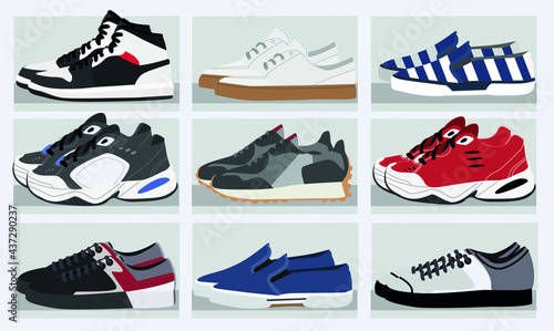 Set of 9 sports shoes in the store. Vector cartoon art