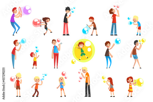 Wallpaper Mural Set of Happy Children Blowing and Playing Soap Bubbles Cartoon Vector Illustration Torontodigital.ca