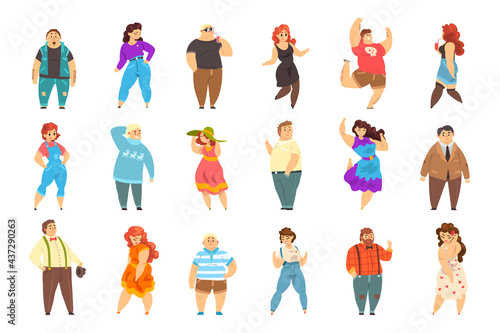 Set of People of Overweight People, Cheerful Plus Size Men and Women, Body Positive Concept Cartoon Vector Illustration
