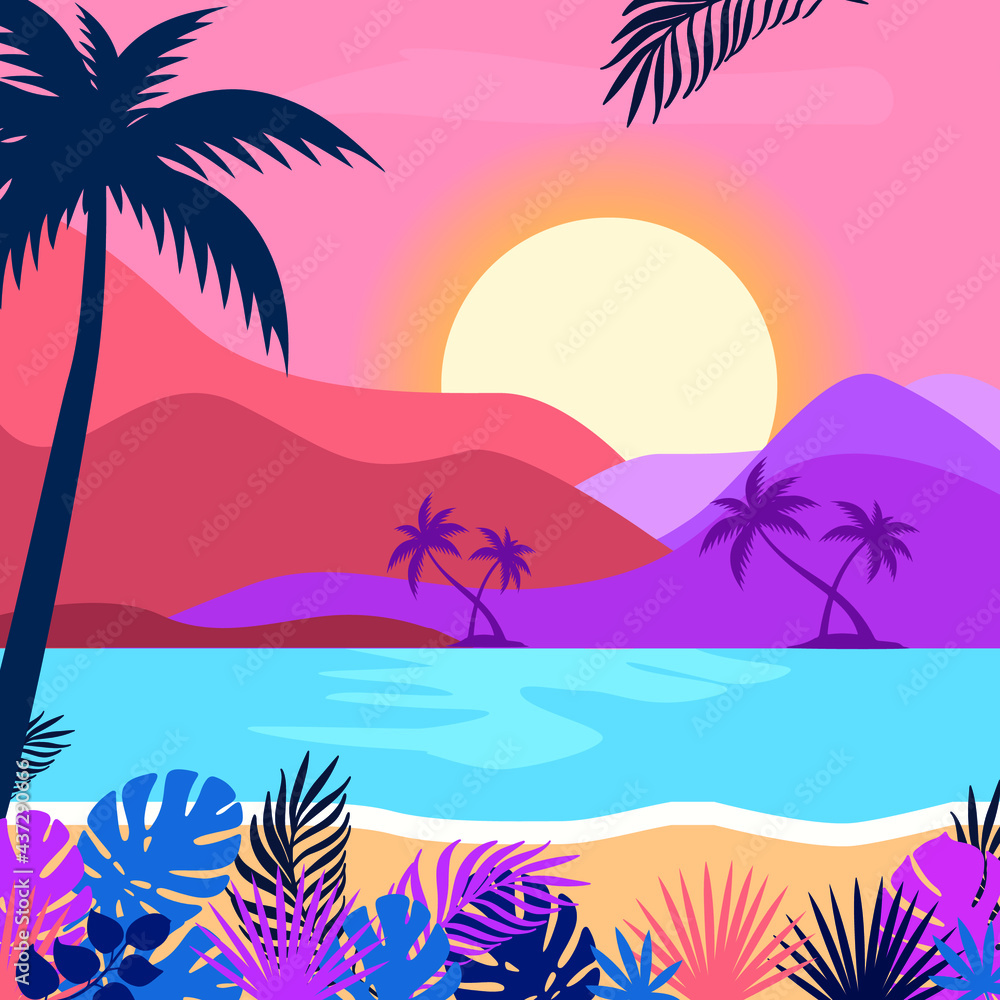 sunny beach summer background flat illustration vector 