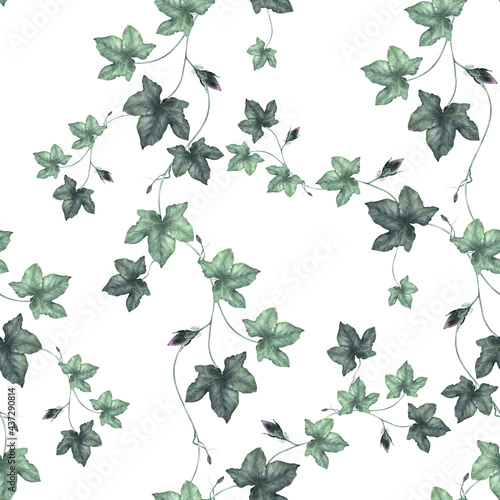 Watercolor ivy leaves seamless pattern. Green floral and leaves background,  monochrome minimal pattern for nursery, wallpaper, apparel. Dusty green watercolor repeat pattern