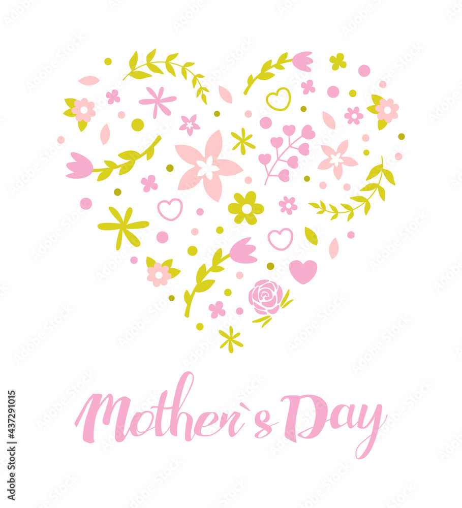 Mothers Day Banner Template with Pink Spring Flowers Seamless Pattern of Heart Shape Vector Illustration