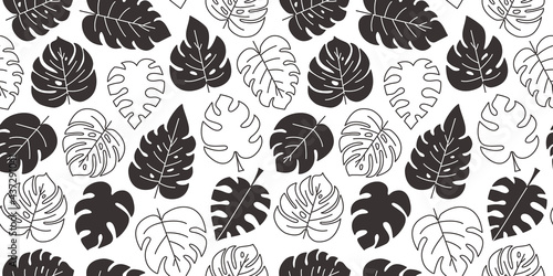 Leaves monstera palm vector seamless pattern, jungle background, black tropic plant silhouettes isolated on white background. Exotic floral print. Summer illustration