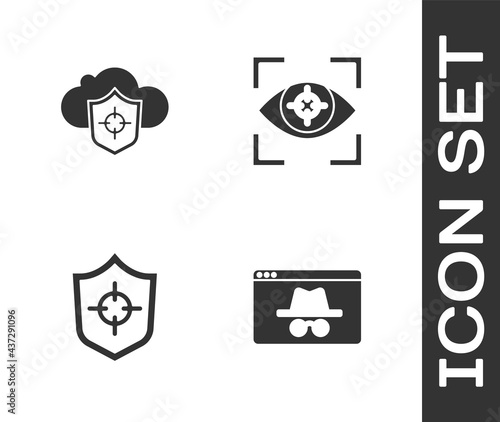 Set Browser incognito window, Cloud and shield, Shield and Eye scan icon. Vector