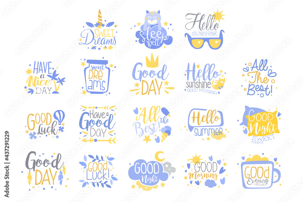 Fototapeta premium Collection of Motivational Quotes, Cute Sweet Inspirational Phrases, Nursery, Kids Holiday, Family Album Decoration Vector Illustration
