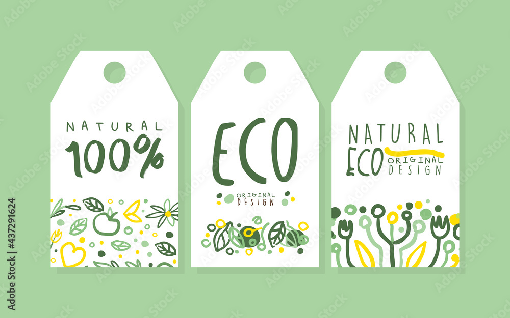 Eco Natural Tags Set, Green Eco Friendly Labels Vector Illustration Stock  Vector | Adobe Stock