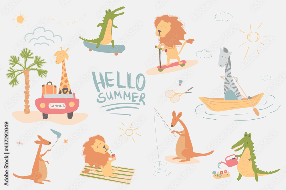 set of hand drawn animals on summer vacations set of hand drawn animals on summer vacations