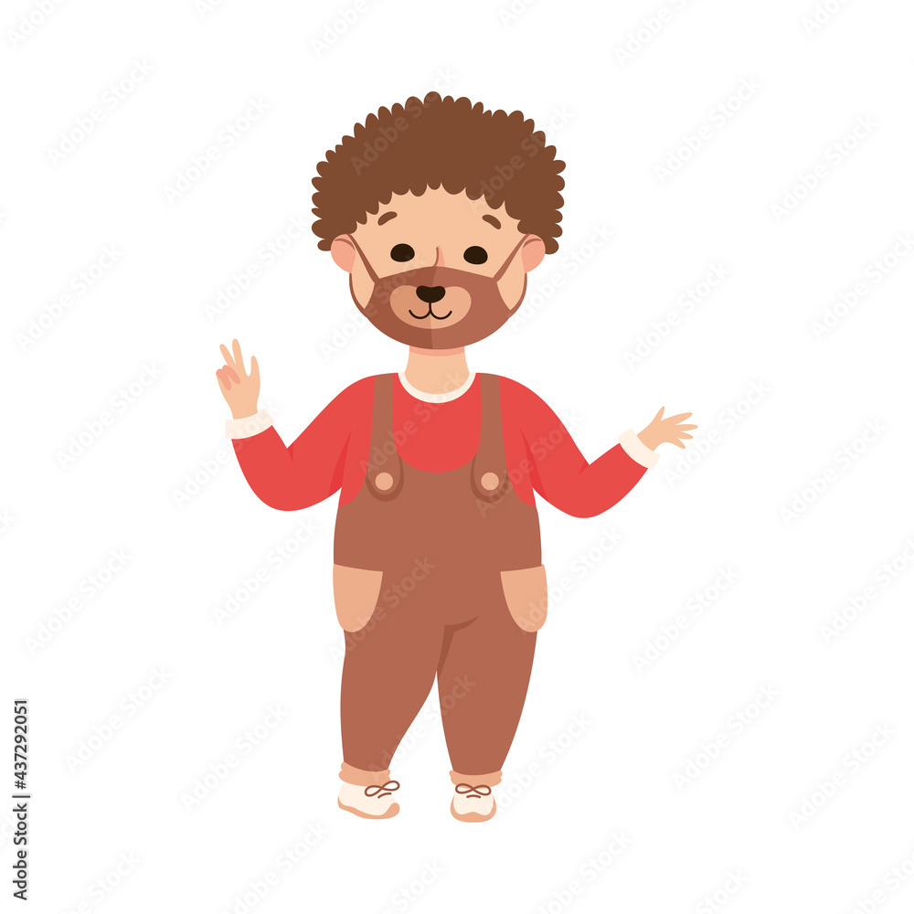 Happy Boy Wearing Face Mask Showing Hand Gesture as New Normal Lifestyle Vector Illustration Happy Boy Wearing Face Mask Showing Hand Gesture as New Normal Lifestyle Vector Illustration