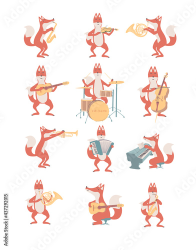 set of hand drawn fox band in cartoon style with musical instruments