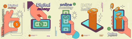 Money. Set of vector illustrations. Funny cartoon style. Cash is digital money, business objects and icons with a stroke.