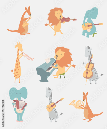 Fototapeta Naklejka Na Ścianę i Meble -  set of hand drawn animals with musical instruments