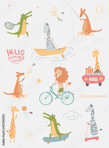 set of hand drawn animals on summer vacations