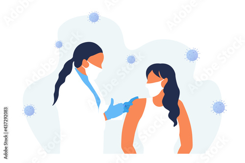 Vaccine for Covid-19. Woman getting vaccinated against Covid-19 in hospital. The doctor injects the vaccine into the patient's arm muscle. Flat vector illustration for your design. Illustration EPS 10