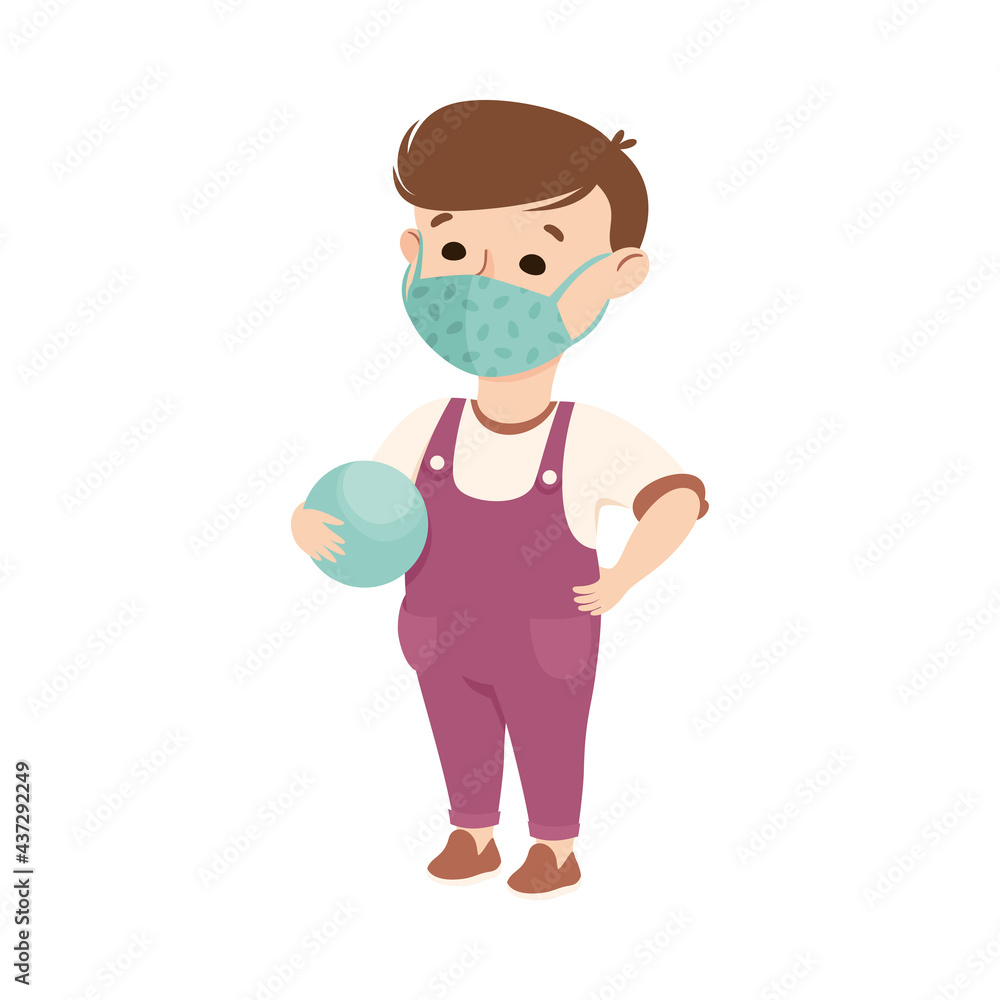 Happy Boy Wearing Face Mask Holding Ball as New Normal Lifestyle Vector Illustration