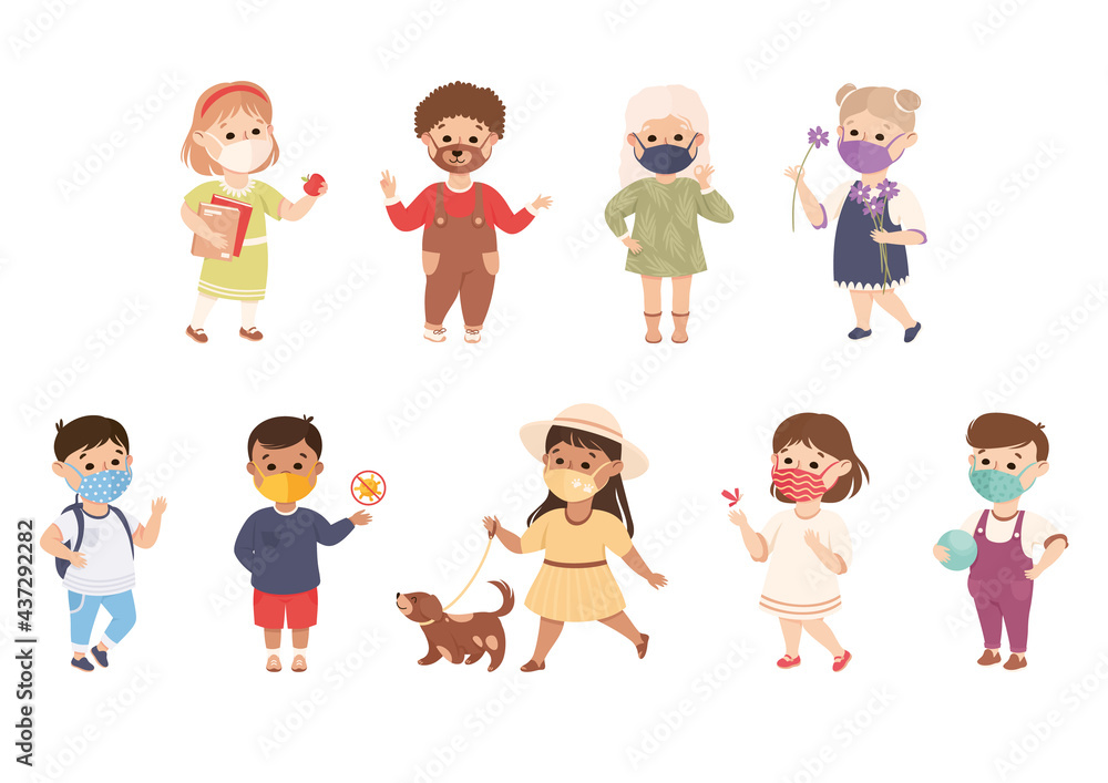 New Normal Lifestyle with Happy Kids Wearing Face Mask Engaged in Different Activities Vector Set New Normal Lifestyle with Happy Kids Wearing Face Mask Engaged in Different Activities Vector Set
