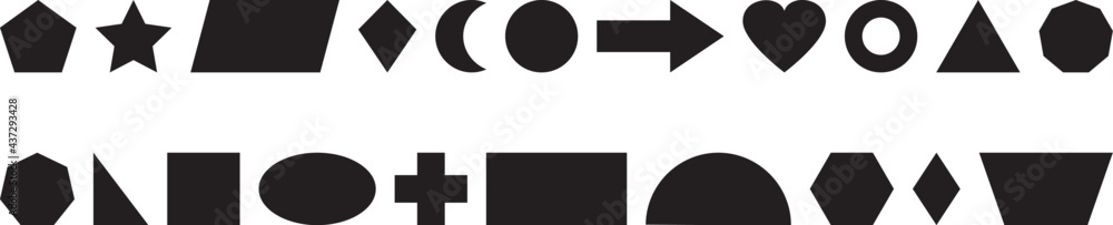 Basic geometric shapes kids, black cute vector icons, cartoon characters isolated on white background. Education and children game illustration