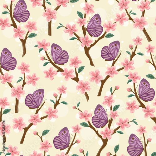 Seamless background with sakura flowers and cabbage butterflies. Vector illustration. © Jellicle