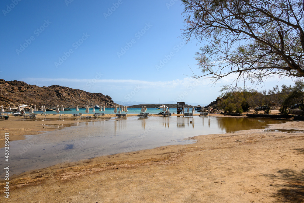 Monastiri beach, a long and sandy beach located in a rocky bay. Paros island, Cyclades, Greece