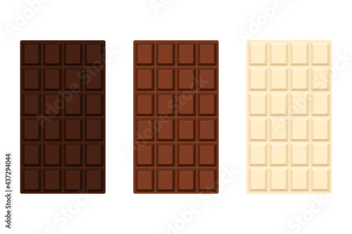 Vector illustration of a set of chocolate bars. Milk, white, bitter chocolate. Isolated on white background.
