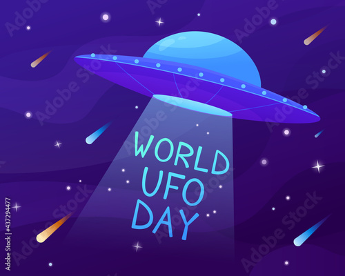 World ufo day. Branch tree illustration cosmos. Flying saucer in cartoon style. Banner
