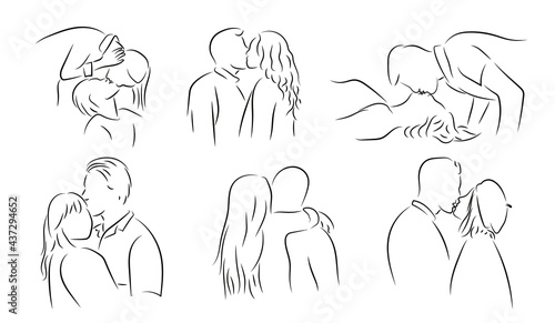 Kissing Couples Küssende Pärchen Kontur Zeichnungen Vektor Grafik Lineart