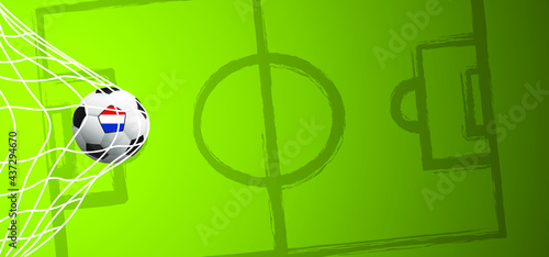 Ball in goal with the flag of the Netherlands. Soccer on green football grass field. Vector background banner. wk, ek play model. Sport finale or school, sports game cup. Street ball games. 2021
