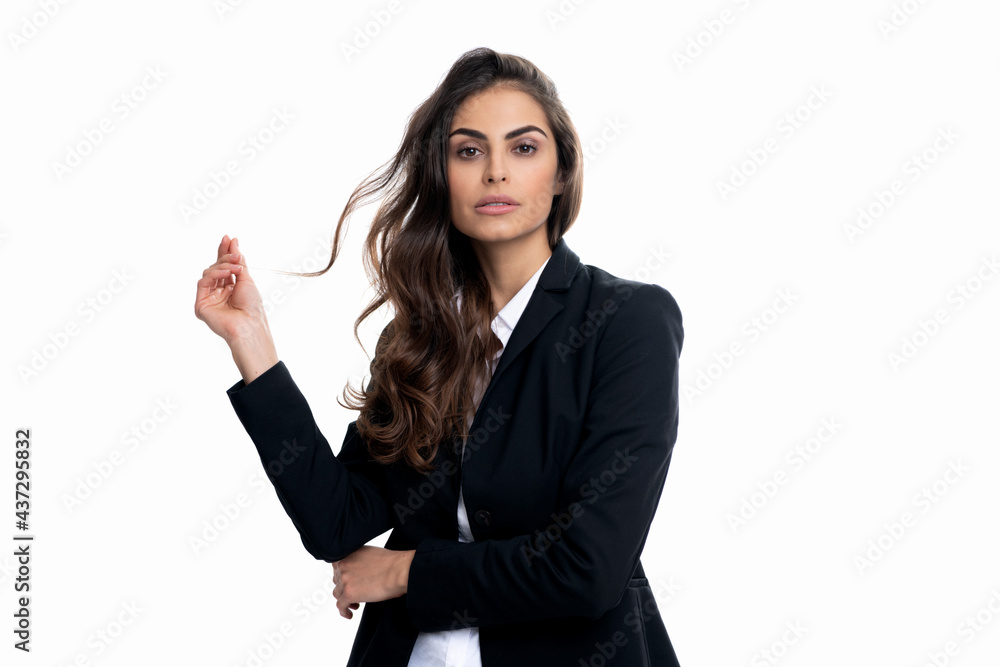 Professional woman with long wavy hair in formalwear isolated on white, hairstyle Professional woman with long wavy hair in formalwear isolated on white, hairstyle