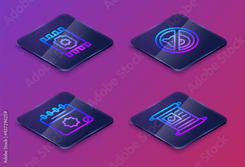 Set Isometric line Traditional carpet, Ramadan calendar, No pig and Holy book of Koran. Blue square button. Vector