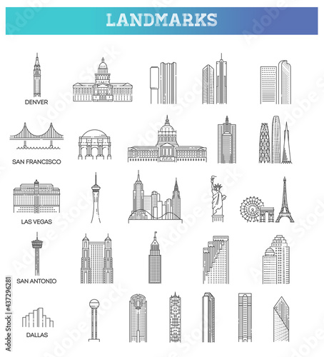 Simple linear Vector icon set representing global tourist american landmarks and travel destinations for vacations