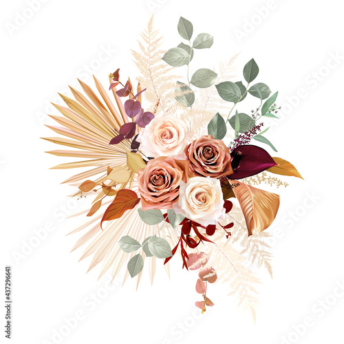 Rust orange, beige, white rose, burgundy anthurium flower, eucalyptus, pampas grass