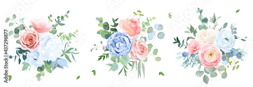 Dusty blue, peachy blush rose, white hydrangea, ranunculus, wedding flowers, greenery and eucalyptus