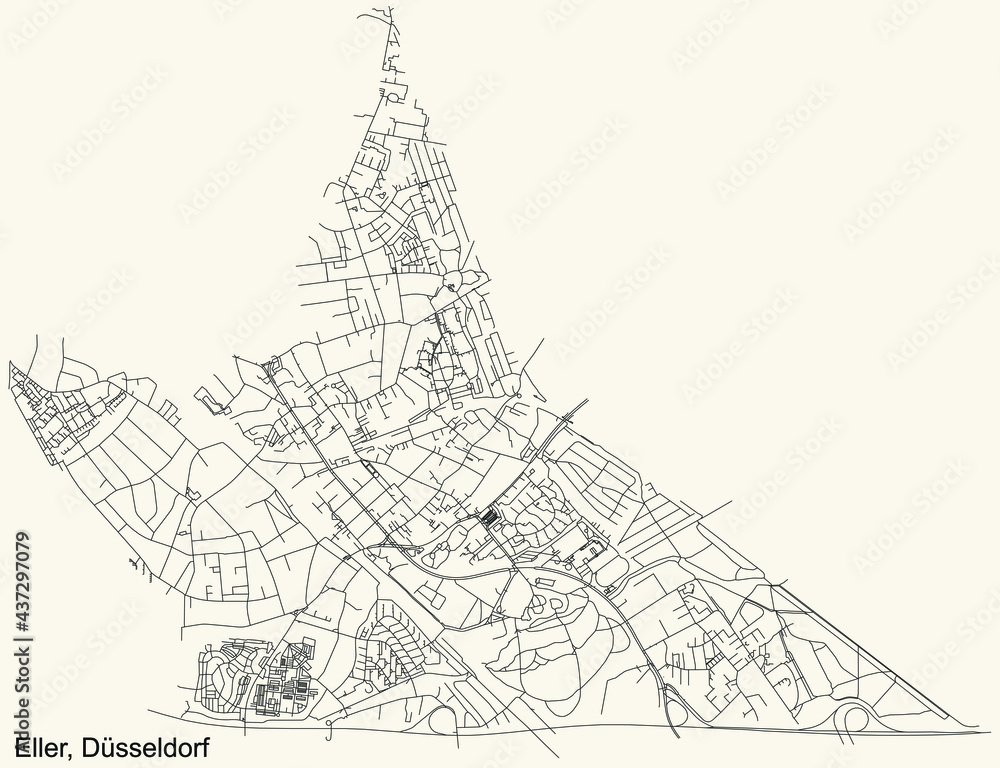 Fototapeta premium Black simple detailed street roads map on vintage beige background of the quarter Eller Stadtteil of Düsseldorf, Germany