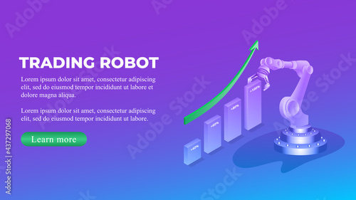 Trading robot isometric concept with chart and upward arrow and copy space. Automatic bot trading banner. Vector illustration.