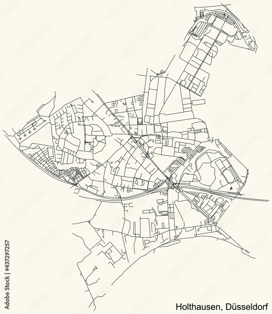 Black simple detailed street roads map on vintage beige background of the quarter Holthausen Stadtteil of Düsseldorf, Germany