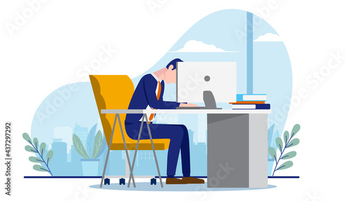 Tired of work - Businessman sitting at his desk at job with head down. Burnout, depression and fatigue concept. Vector illustration with white background.