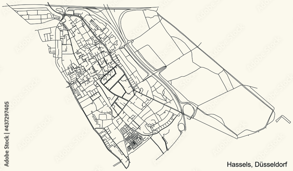Black simple detailed street roads map on vintage beige background of the quarter Hassels Stadtteil of Düsseldorf, Germany