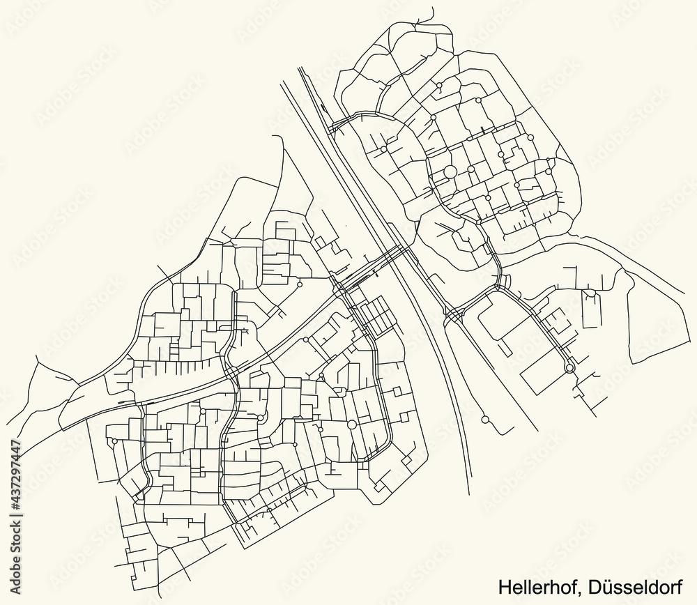 Black simple detailed street roads map on vintage beige background of the quarter Hellerhof Stadtteil of Düsseldorf, Germany