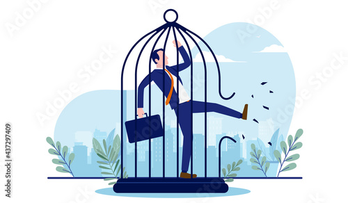 Businessman breaking free - Man kicking a cage open to find freedom. Break free from work, and life change concept. Vector illustration with white background