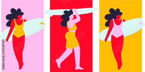 Isolated woman surfer figures. Cartoon beautiful girl. Funny minimalistic illustration of summer happy day concept. Tropics, ocean. Flat scandinavian style.