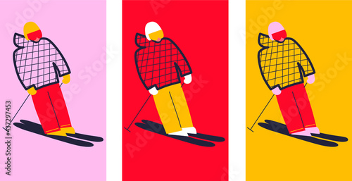 Happy people riding snowboard and skis by snow slopes. Sportsmen having fun on ski resort. Cartoon flat vector illustration. Winter time. Season Holidays. Travel activity entertainment. 