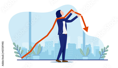 Businesswoman holding arrow pointing down - Woman standing at work holding a falling graph in hands. Metaphor for financial loss and failing business. Vector illustration with white background.