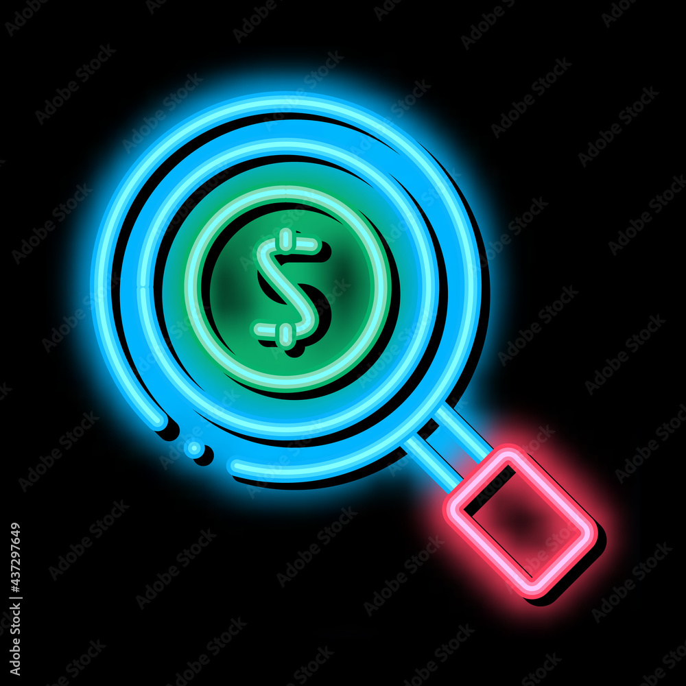 Magnifier Money neon light sign vector. Glowing bright icon Magnifier Money isometric sign. transparent symbol illustration Magnifier Money neon light sign vector. Glowing bright icon Magnifier Money isometric sign. transparent symbol illustration