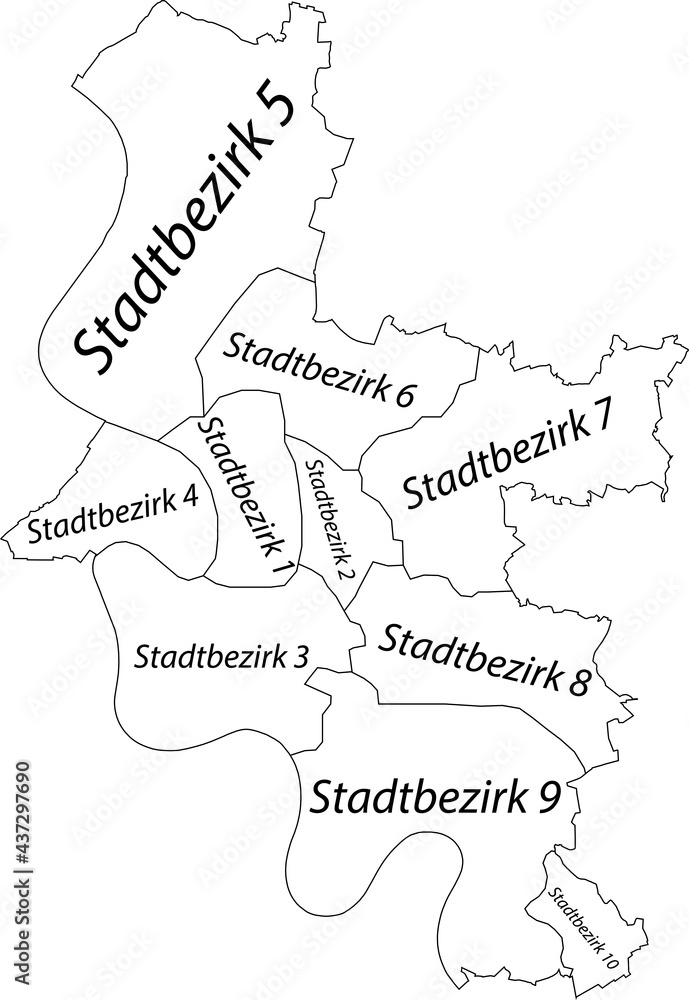 Obraz premium Simple blank white vector map with black borders and names of districts of Düsseldorf, Germany