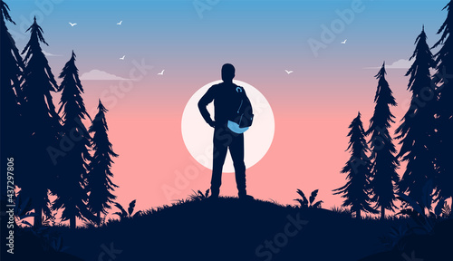 Silhouette of backpacker enjoying suset - Man outdoors in nature taking in the view, standing on top of hill at dawn. Vector illustration.