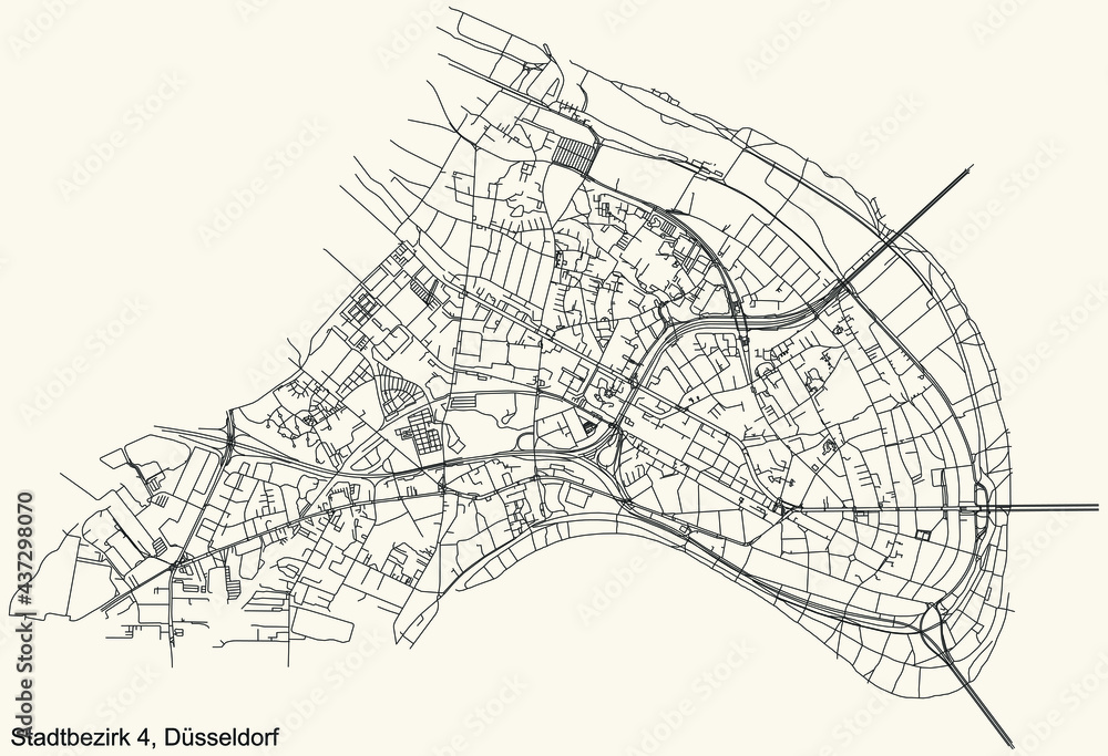 Black simple detailed street roads map on vintage beige background of the quarter Stadtbezirk 4 district of Düsseldorf, Germany